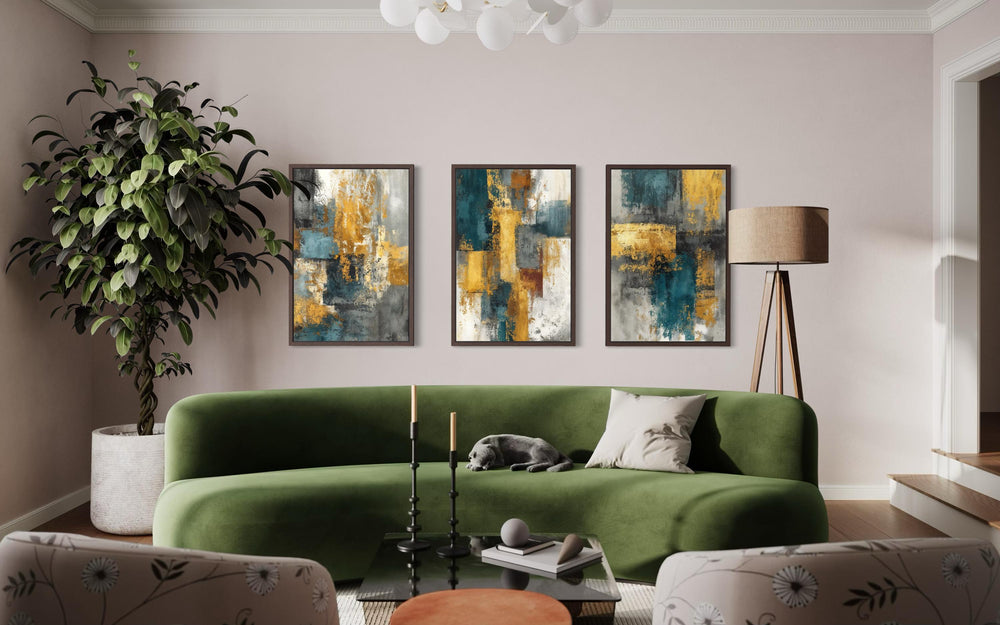 Set of 3 Abstract Teal and Gold Wall Art