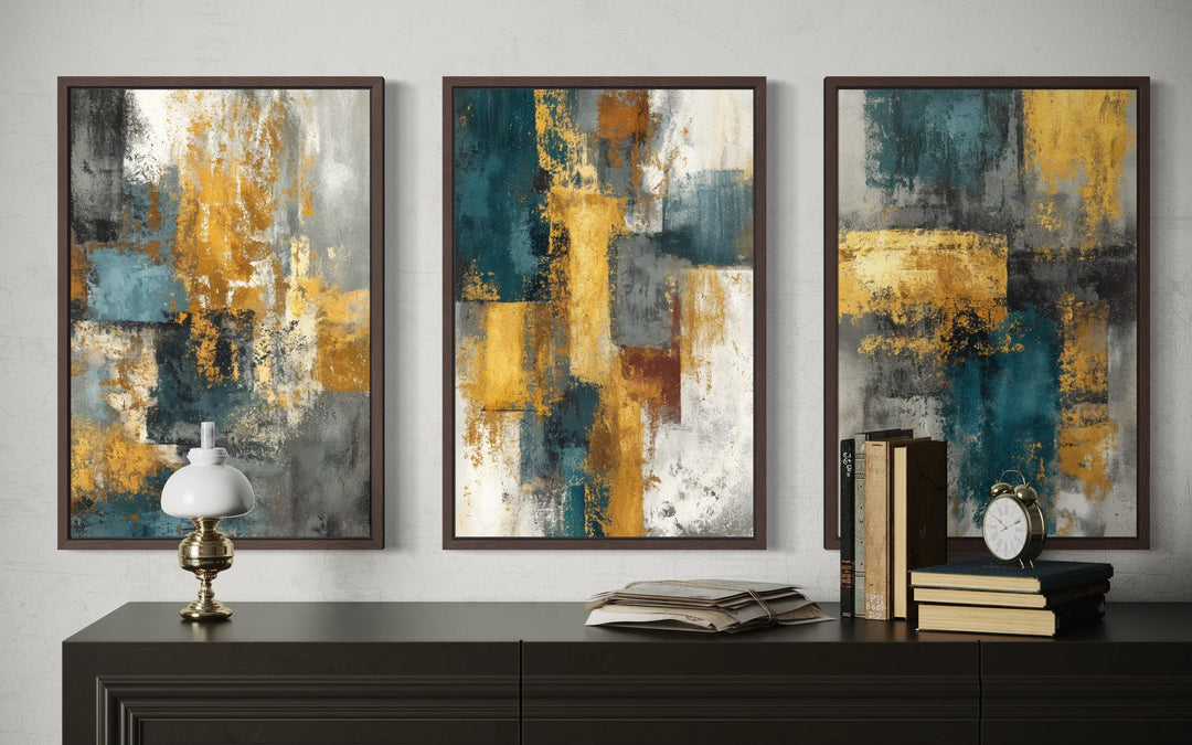 Set of 3 Abstract Teal and Gold Wall Art