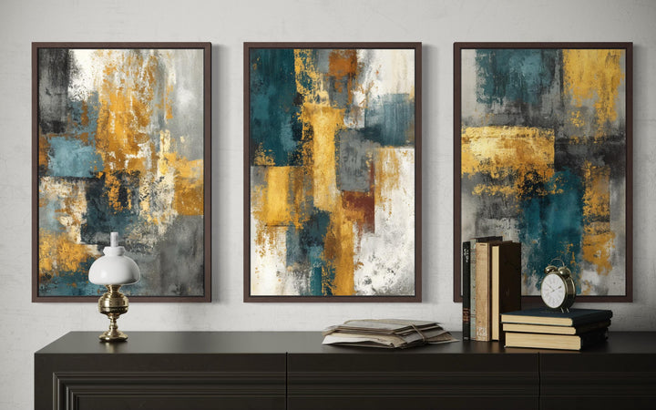 Set of 3 Abstract Teal and Gold Wall Art
