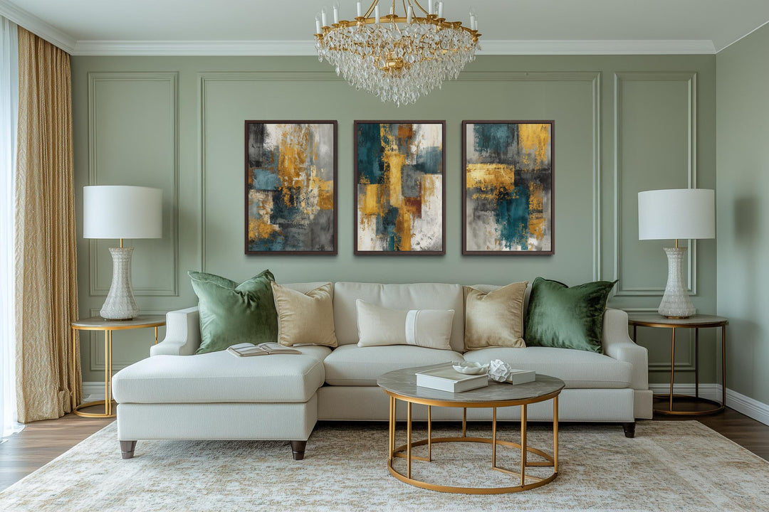 Set of 3 Abstract Teal and Gold Wall Art