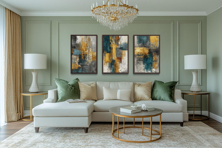 Set of 3 Abstract Teal and Gold Wall Art