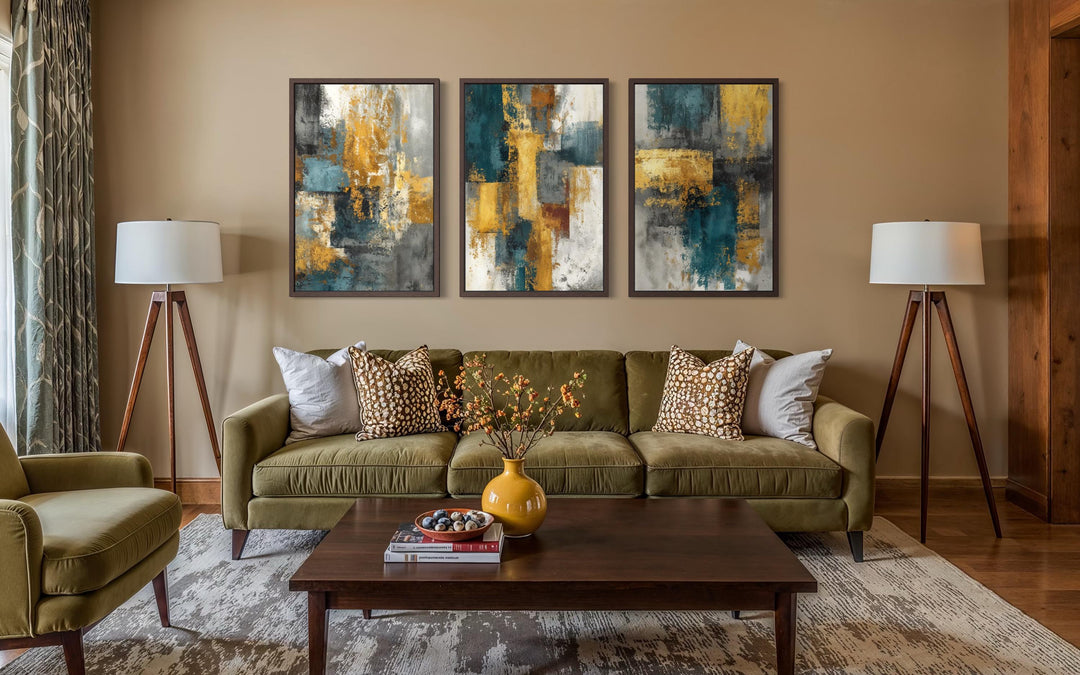 Set of 3 Abstract Teal and Gold Wall Art