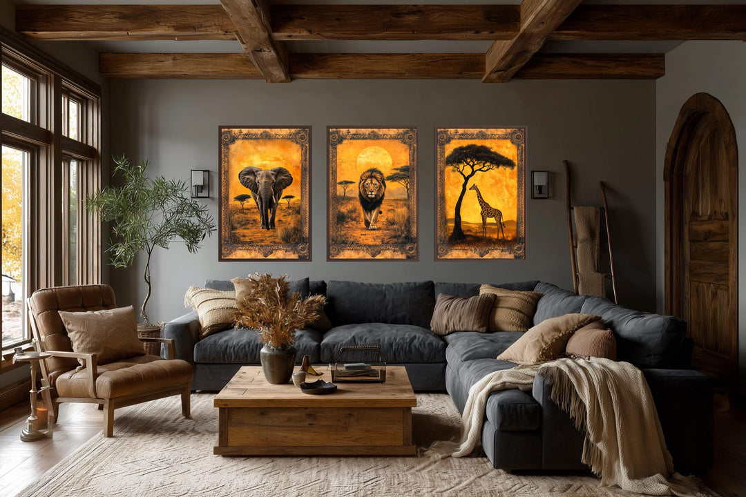 Set of 3 African animal wall art panels featuring an elephant, lion, and giraffe in a savanna.