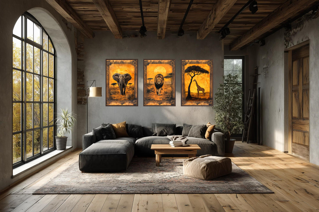 Set of 3 African animal wall art panels featuring an elephant, lion, and giraffe in a savanna.