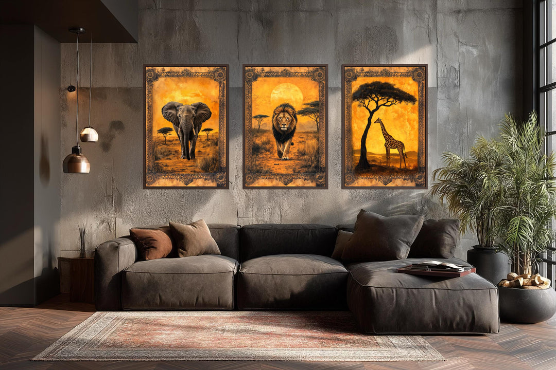 Set of three vertical wall art panels featuring an elephant, lion, and giraffe in a golden savanna.