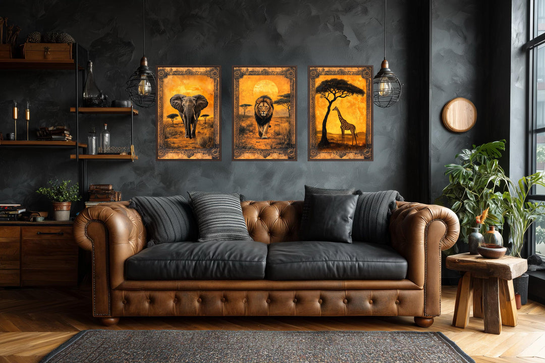 Set of 3 African animals wall art featuring an elephant, lion, and giraffe in a savanna landscape.