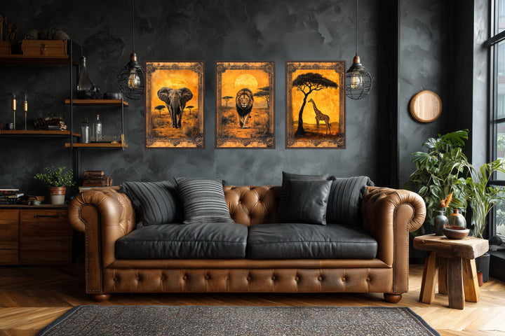 Set of 3 African animals wall art featuring an elephant, lion, and giraffe in a savanna landscape.