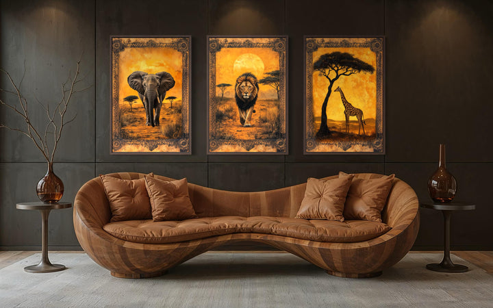 Set of three vertical wall art panels featuring an elephant, lion, and giraffe in a golden savanna.