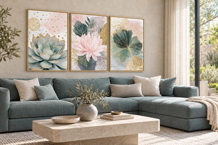 Set of 3 blush pink and teal succulent floral framed canvas wall art hung above a blue sofa.