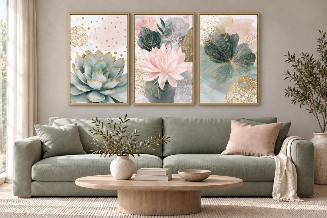 Set of 3 blush pink and teal succulent floral framed canvas wall art hung above a green sofa.