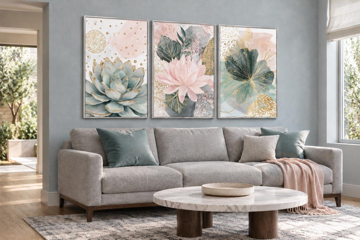 Set of 3 blush pink and teal succulent floral framed canvas wall art hung above a grey sofa.