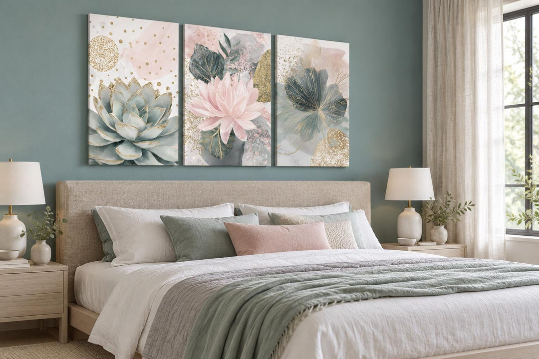 Set of 3 blush pink and teal succulent floral framed canvas wall art hung above a bed.