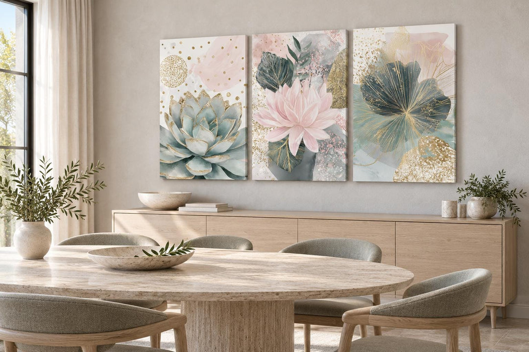 Set of 3 blush pink and teal succulent floral framed canvas wall art above a wooden sideboard.