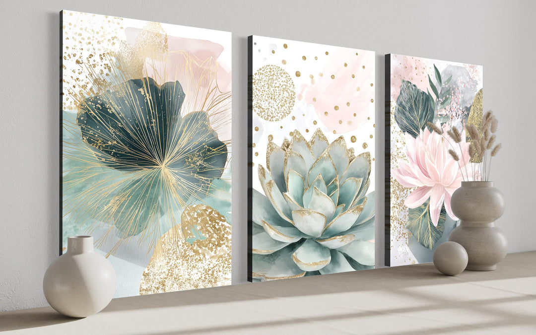 Set of 3 framed canvas wall art featuring blush pink and teal succulent and floral botanical prints.
