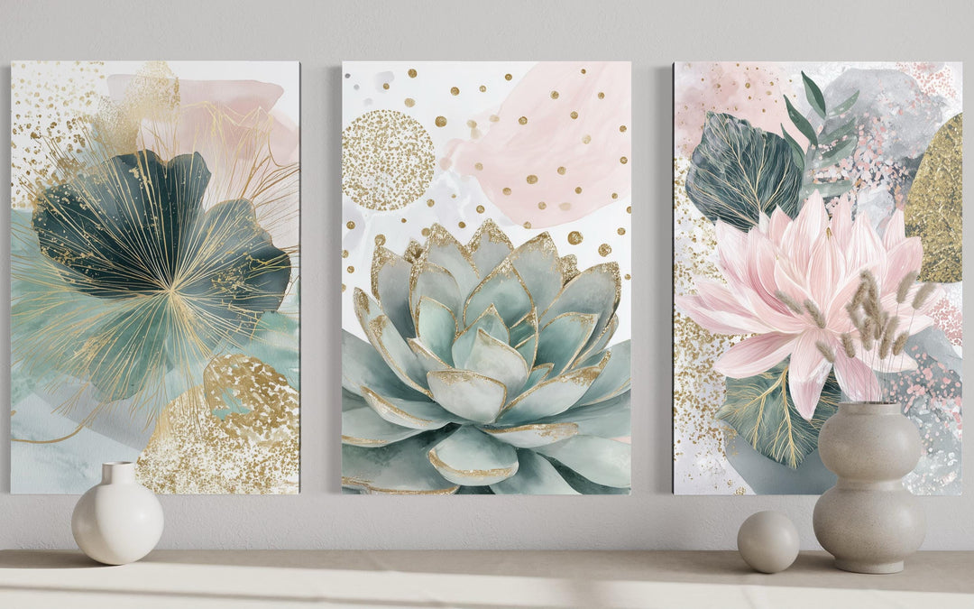 Set of 3 framed canvas prints featuring blush pink and teal succulent and floral botanical designs.