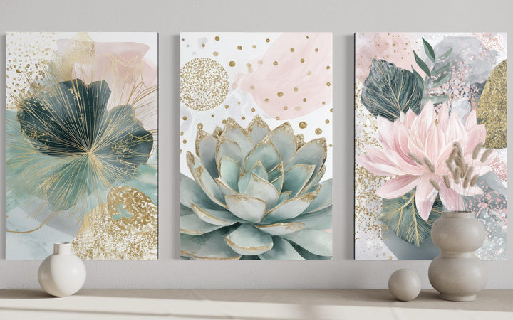 Set of 3 framed canvas prints featuring blush pink and teal succulent and floral botanical designs.