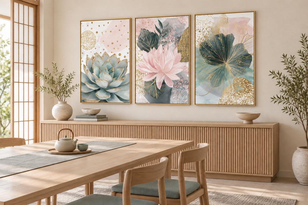 Set of 3 blush pink and teal succulent floral framed canvas wall art above a wooden sideboard.