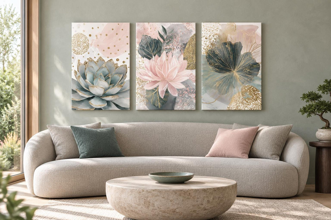 Set of 3 blush pink and teal succulent floral framed canvas wall art above a beige sofa.