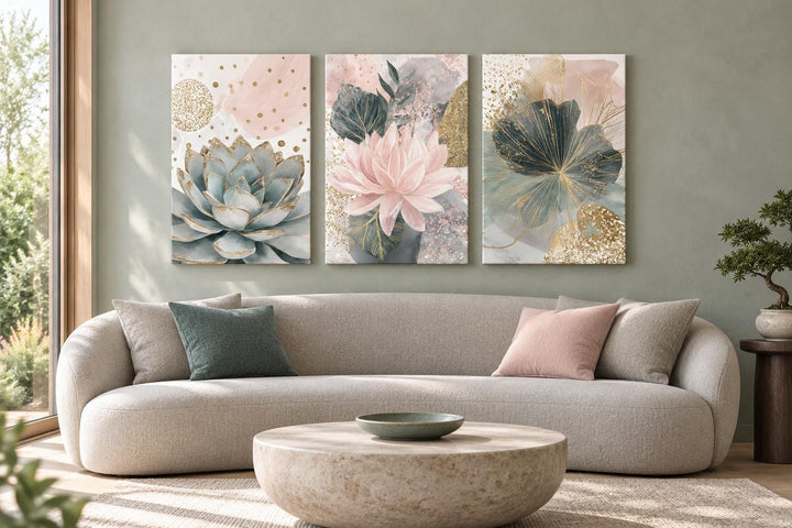 Set of 3 blush pink and teal succulent floral framed canvas wall art above a beige sofa.