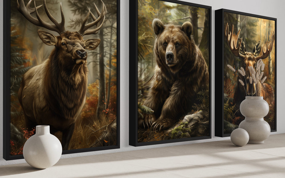 Rustic Cabin Wall Decor - Set of 3 Cabin Wall Decor Forest Wildlife Animals - Bear, Moose And Elk Paintings