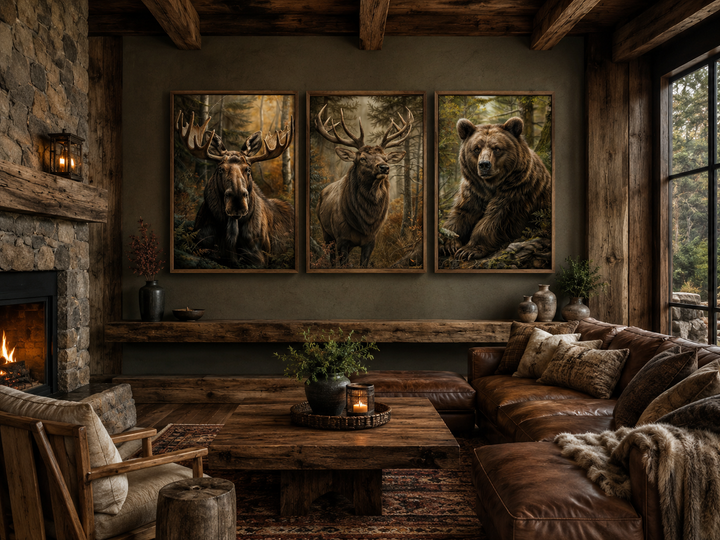 Set of 3 framed canvas paintings featuring a moose, elk, and bear in a rustic cabin living room.