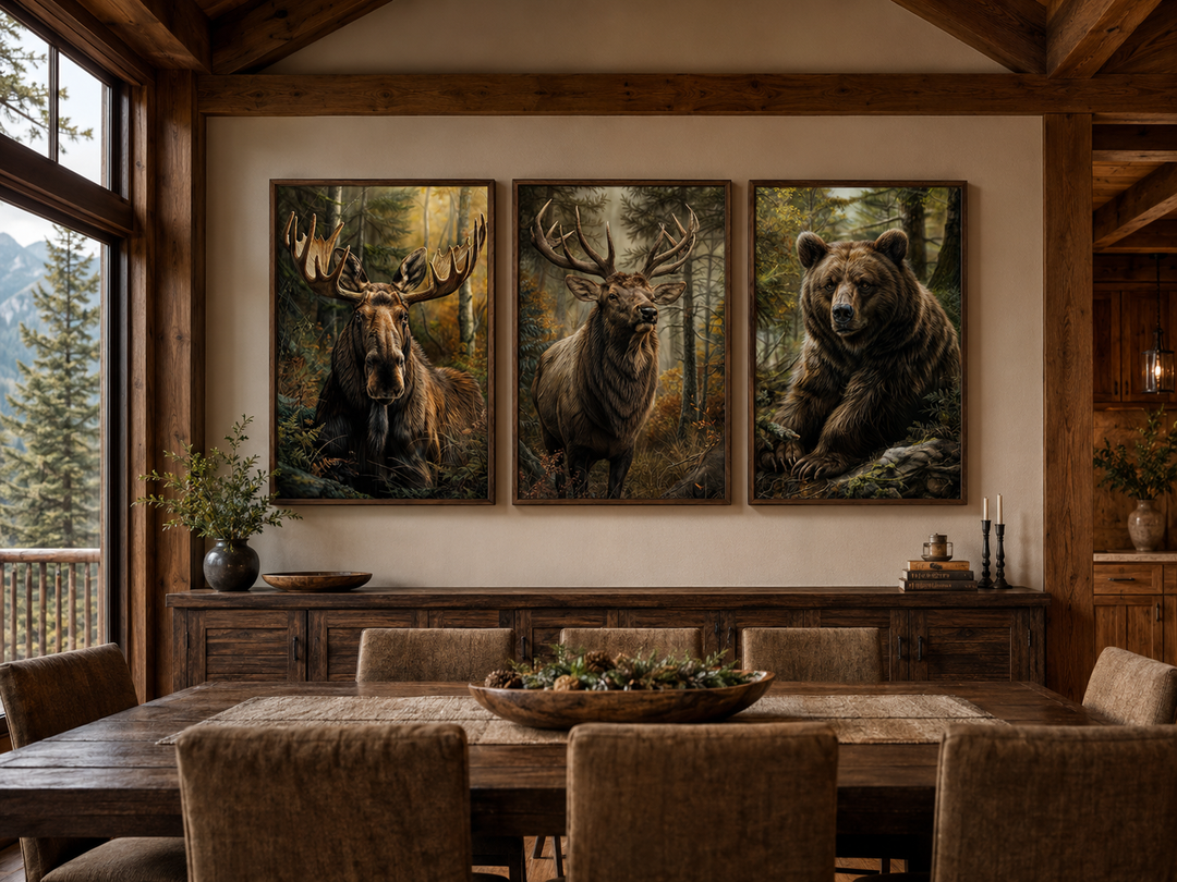 Set of 3 framed canvas prints featuring a moose, elk, and bear in a forest, hung in a rustic room.