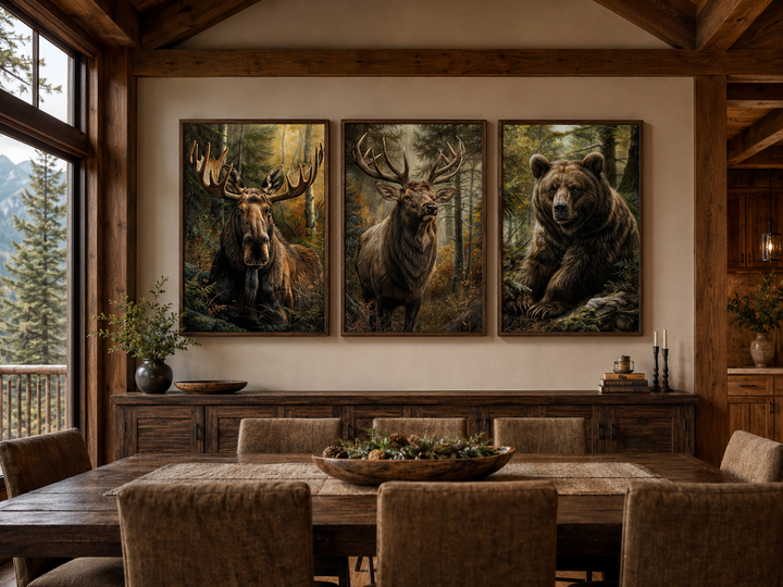 Set of 3 framed canvas prints featuring a moose, elk, and bear in a forest, hung in a rustic room.