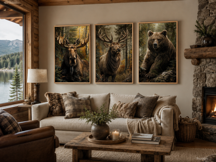 Set of 3 framed canvas paintings featuring a moose, elk, and bear in a rustic cabin living room.