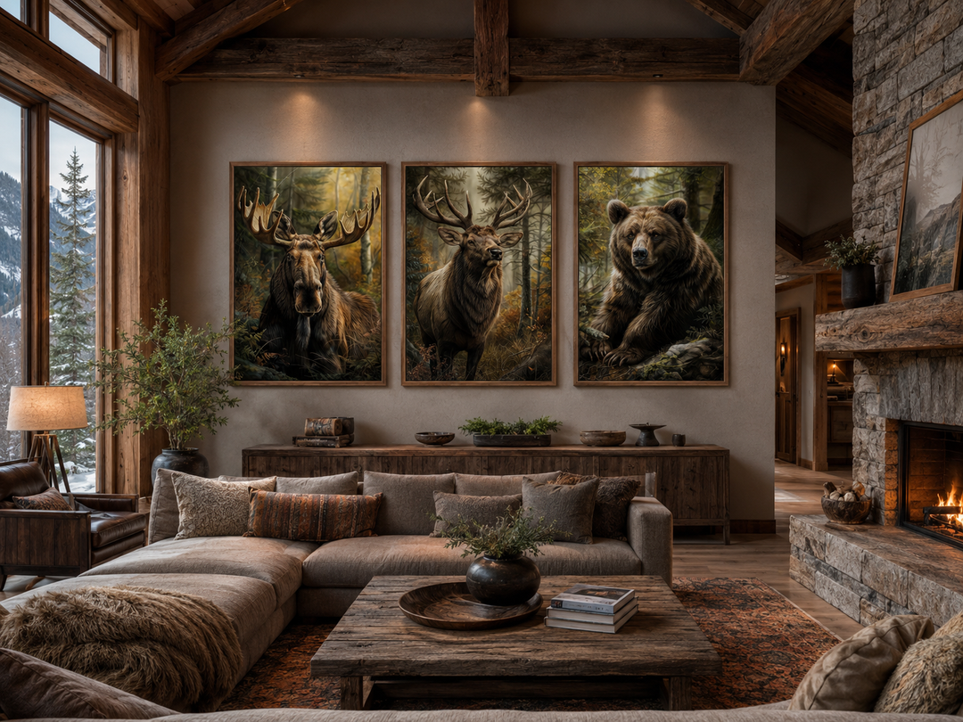 Set of 3 framed canvas paintings featuring a moose, elk, and bear in a rustic cabin living room.