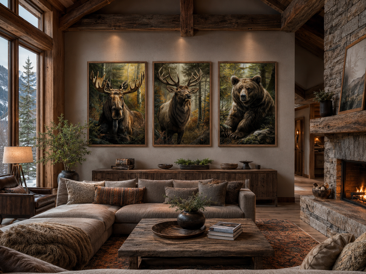 Set of 3 framed canvas paintings featuring a moose, elk, and bear in a rustic cabin living room.