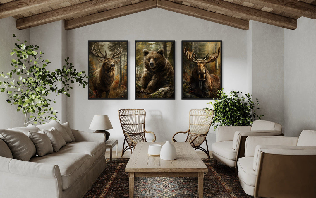 Rustic Cabin Wall Decor - Set of 3 Cabin Wall Decor Forest Wildlife Animals - Bear, Moose And Elk Paintings