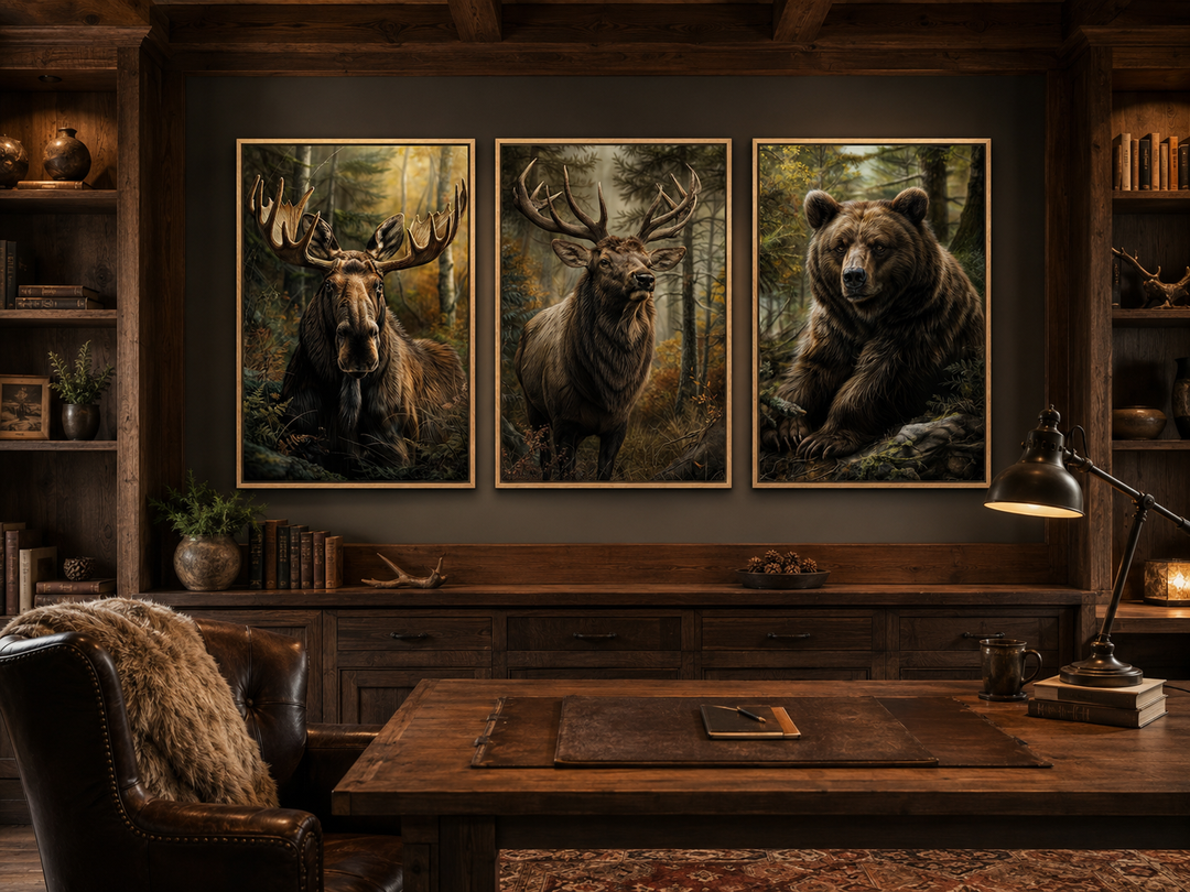 Set of 3 framed canvas paintings featuring a moose, elk, and bear in a rustic forest setting.