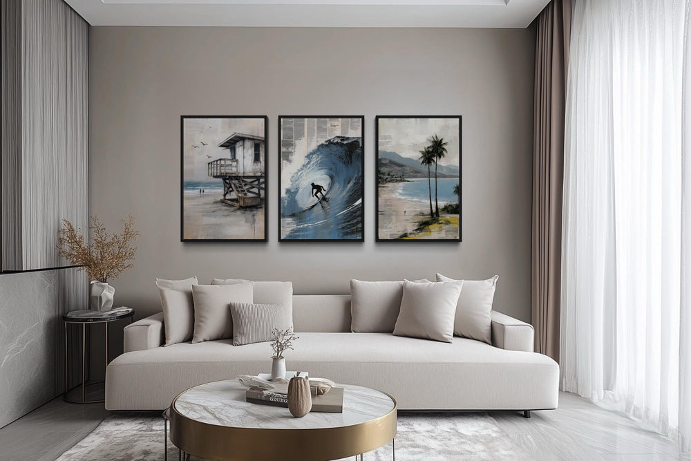 Set of 3 California Coastal Canvas Prints - Surfboard Wave Painting, Lifeguard Tower, Palm Beach