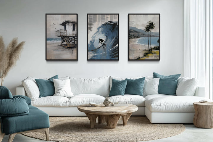 Set of 3 California Coastal Canvas Prints - Surfboard Wave Painting, Lifeguard Tower, Palm Beach