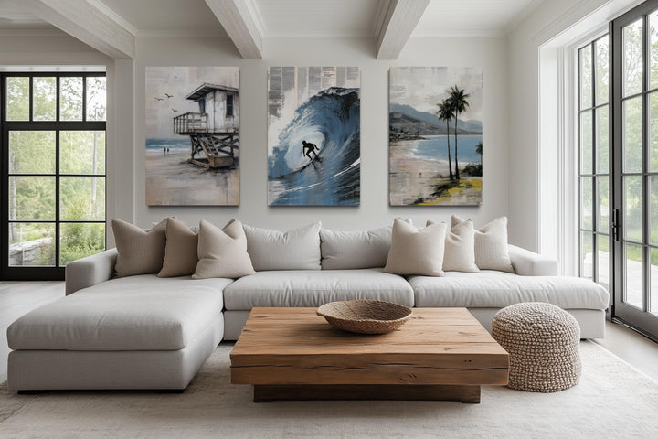 Set of 3 California Coastal Canvas Prints - Surfboard Wave Painting, Lifeguard Tower, Palm Beach