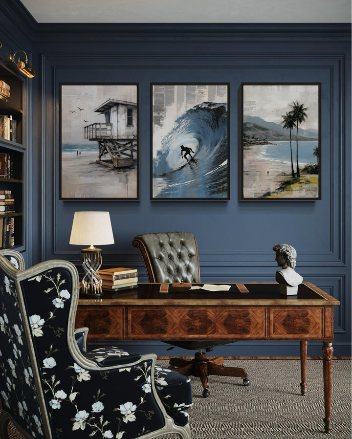 Set of 3 California Coastal Canvas Prints - Surfboard Wave Painting, Lifeguard Tower, Palm Beach