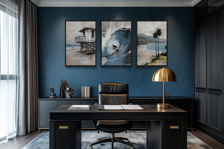 Set of 3 California Coastal Canvas Prints - Surfboard Wave Painting, Lifeguard Tower, Palm Beach