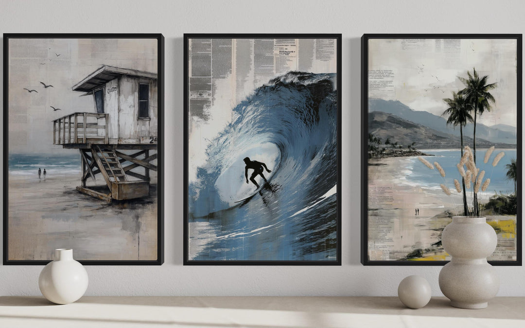 Set of 3 California Coastal Canvas Prints - Surfboard Wave Painting, Lifeguard Tower, Palm Beach