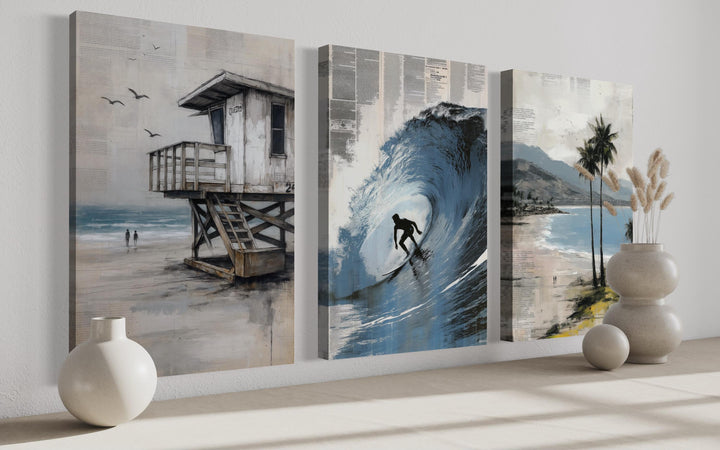 Set of 3 California Coastal Canvas Prints - Surfboard Wave Painting, Lifeguard Tower, Palm Beach