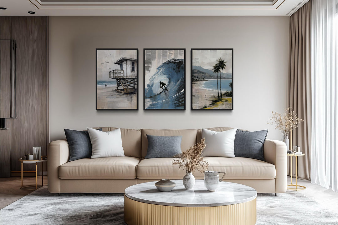 Set of 3 California Coastal Canvas Prints - Surfboard Wave Painting, Lifeguard Tower, Palm Beach