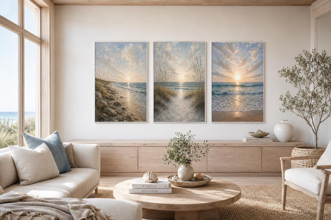 Set of 3 vertical canvas prints featuring a calm sandy beach sunset with dunes and golden sky.