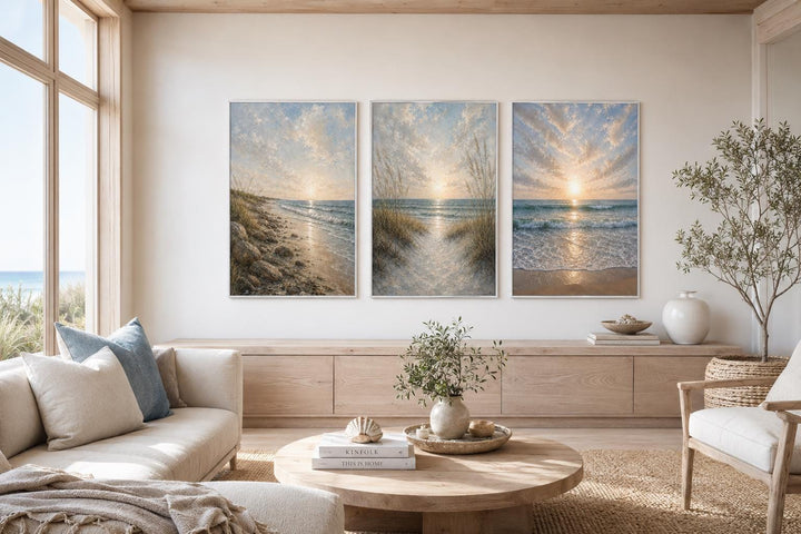 Set of 3 vertical canvas prints featuring a calm sandy beach sunset with dunes and golden sky.