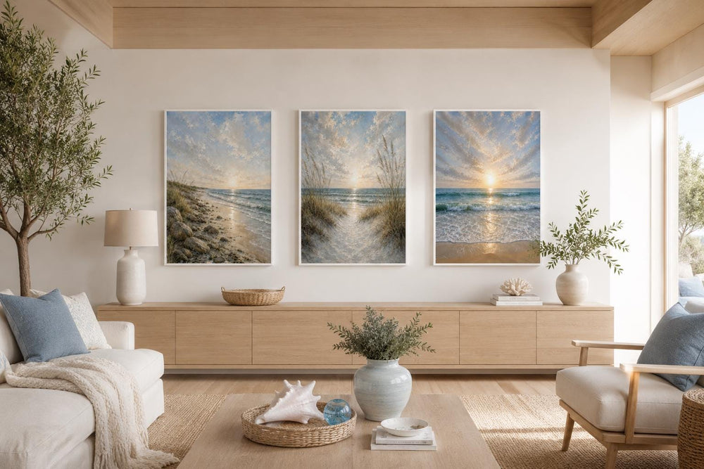 Set of 3 vertical canvas prints featuring a calm sandy beach sunset with dunes and golden sky.
