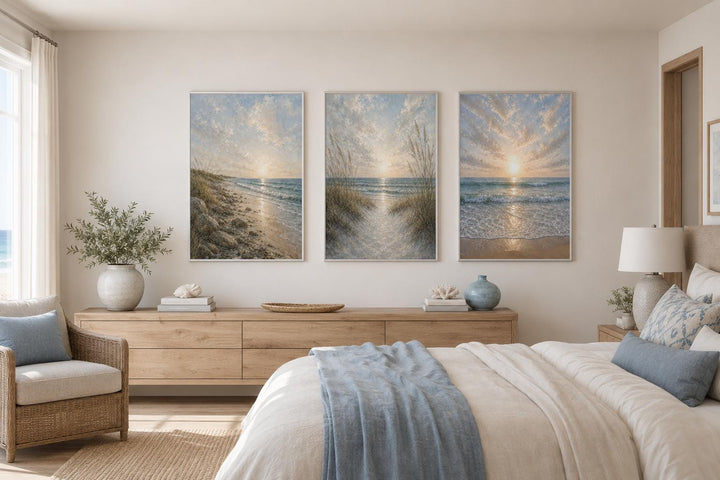 Set of 3 vertical beach sunset canvas prints featuring dunes, waves, and a golden sky.