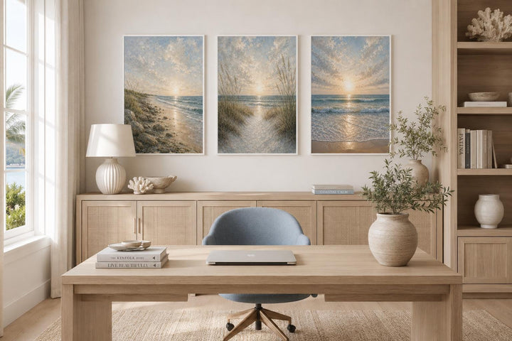 Set of 3 vertical canvas prints showing a continuous sandy beach sunset with dunes and waves.