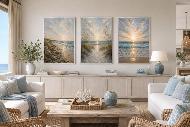 Set of 3 vertical canvas prints featuring a calm sandy beach sunset with dunes and golden sky.