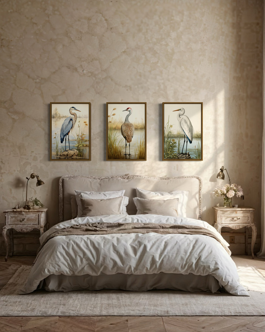 Set of 3 Coastal Birds Framed Canvas Wall Art - Blue Heron, Great Egret, Sandhill Crane