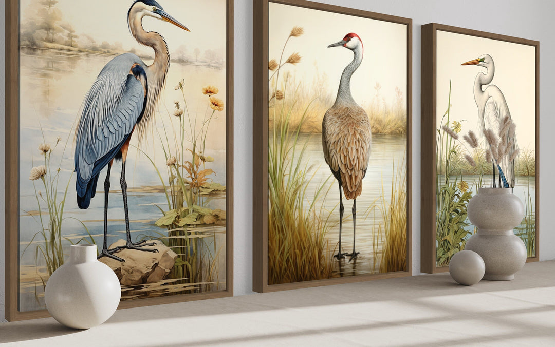 Set of 3 framed canvas prints featuring a Blue Heron, Sandhill Crane, and Great Egret in marshlands.