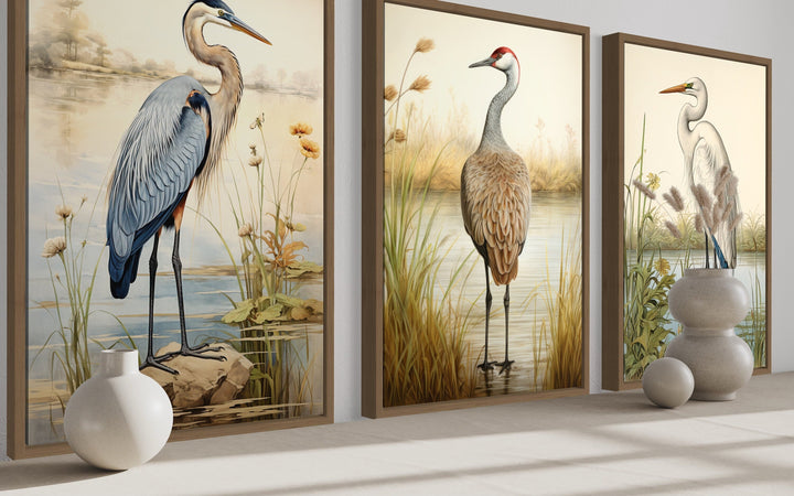 Set of 3 framed canvas prints featuring a Blue Heron, Sandhill Crane, and Great Egret in marshlands.