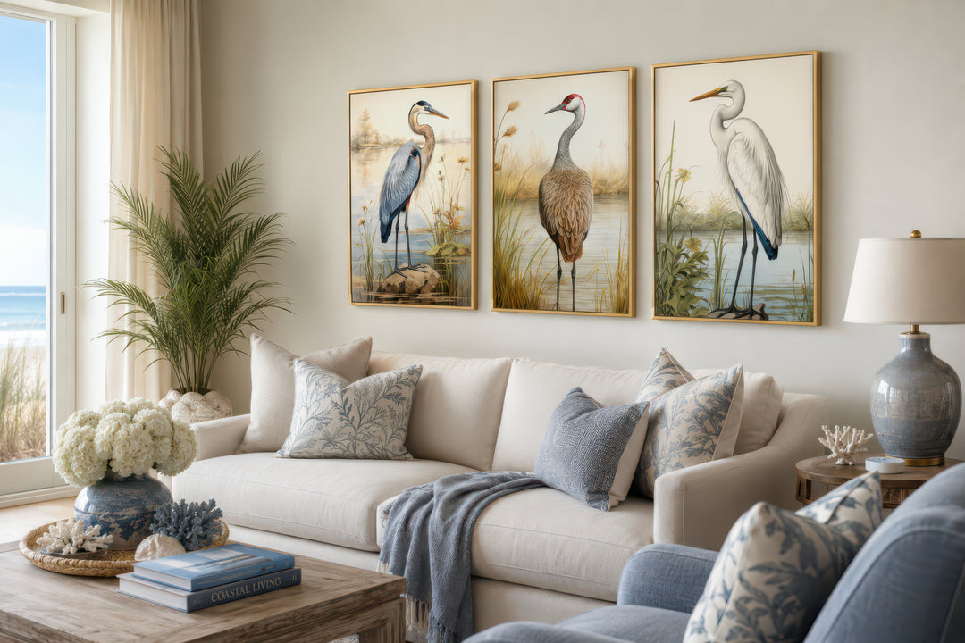 Set of 3 framed canvas wall art featuring a Blue Heron, Sandhill Crane, and Great Egret.